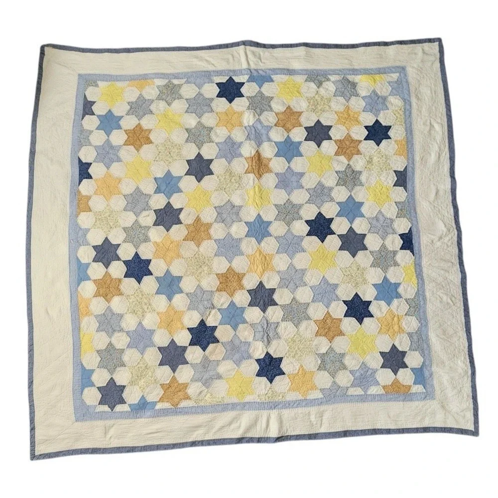 70s‎ heirloom Star patch Quilt 86x81 Handmade Cottagecore Farmhouse Blue Cream